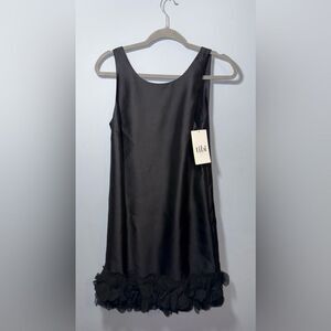 Tibi Black Satin Bow Back Wool & Silk Mini Dress with Petal Hem & Bow Size 6 NWT